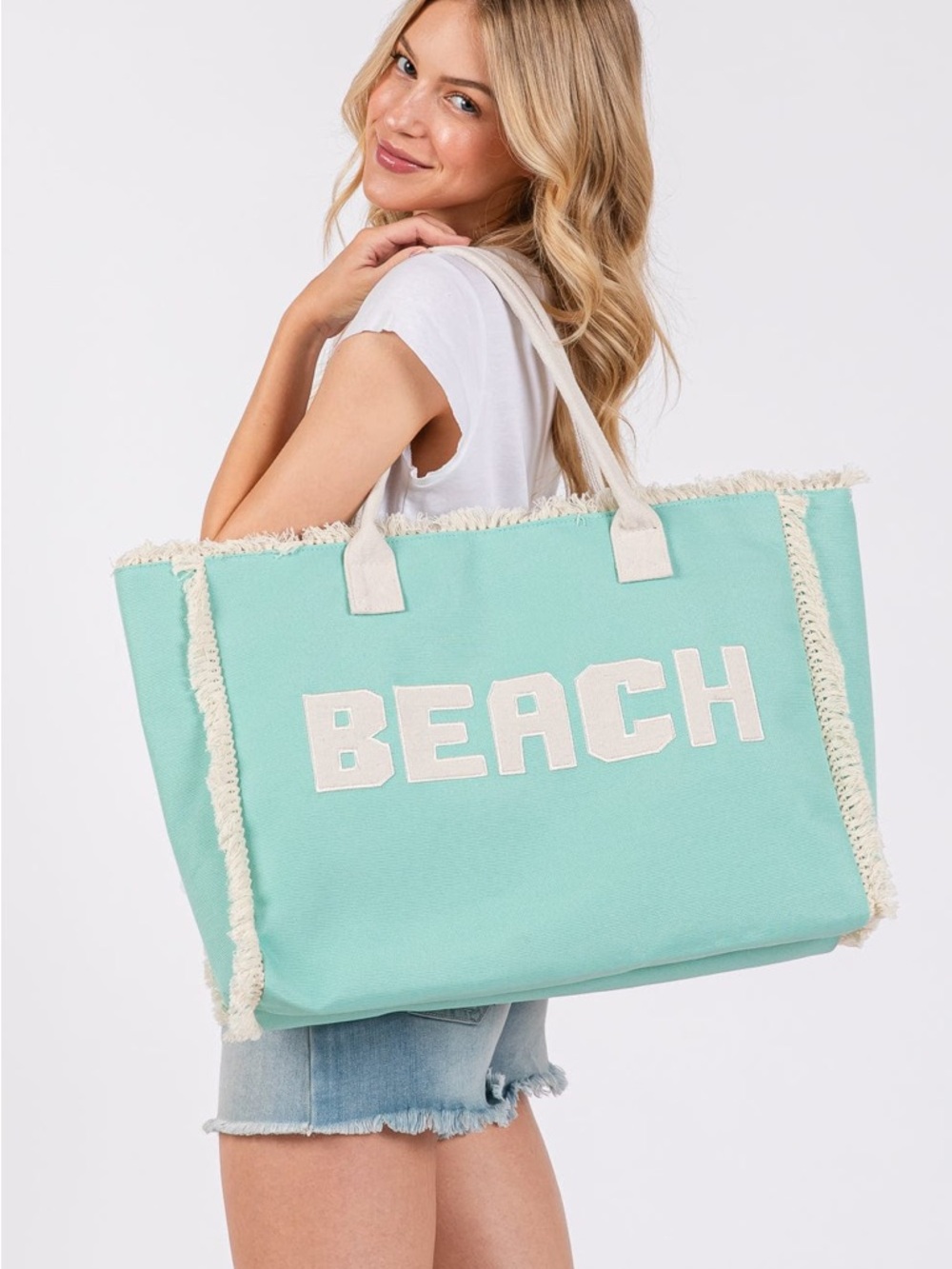 Beach Tote Bag - Mint with white new